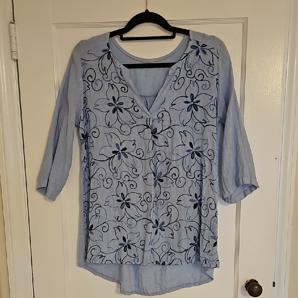 Floral Embroidered Blue Women's Top